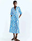 Fashion Blue Linen Print Lapel Dress