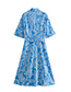 Fashion Blue Linen Print Lapel Dress