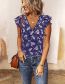 Fashion Blue Polyester Floral V-neck Ruffle Sleeve Top