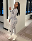Fashion White Printed Long-sleeved Top And Trousers Two-piece Set