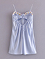 Fashion Blue Floral-embroidered Crinkled-satin Slip Dress