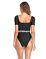 Fashion Black Solid Color Belted Square Neck One Piece Swimsuit
