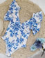Fashion Blue And Yellow Flowers On Off-white Background Polyester Print Deep V Double Ruffle One-piece Swimsuit