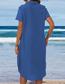 Fashion Blue Long Sleeves Cotton And Linen Lapel Button-down Dress