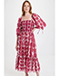 Fashion Red Woven Square Neck Print Sleeve Dress