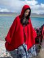 Fashion 10 Houndstooth Red Faux Cashmere Button Hooded Slit Shawl