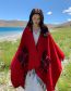 Fashion 3 Wine Red Faux Cashmere Check Panel Hooded Fringe Shawl