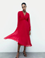 Fashion Red Solid Pleated V-neck Dress
