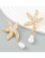 Fashion Rose Red Alloy Diamond Starfish Pearl Stud Earrings