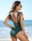 Fashion Malachite Green Solid Color Flash V-neck One Piece Swimsuit