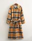 Fashion Yellow Woolen Plaid-breasted Lace-up Coat