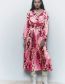 Fashion Rose Red Polyester Print Lapel Tie Dress