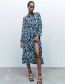 Fashion Blue Polyester Print Lapel Dress