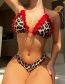 Fashion Red Polyester Leopard Lace Lace-up Three-piece Swimsuit