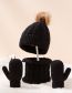 Fashion Black Three-piece Suit Knitted Wool Ball Hooded Hat Scarf All-inclusive Gloves Set