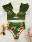 Fashion Green Top + Green Papaya Polyester Ruffled Sling Print High Waist Split Swimsuit