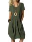 Fashion Armygreen Cotton Linen Solid Color Round Neck Short Sleeve Dress