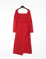 Fashion Red Polyester Square Neck Pleated Slit Dress