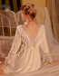 Fashion White Velvet Mesh Bell Sleeve Long Sleeve Lace Nightdress