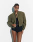Fashion Green Cropped Blend Button-up Stand-collar Oversized Pocket Jacket