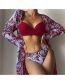 Fashion Black Rose Red Leaves Polyester Printed Two-piece Swimsuit Three-piece Set
