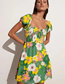 Fashion Color Polyester Printed Square Neck Puff Sleeve Dress