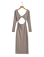 Fashion Coffee Color Polyester V-neck Tie Cutout Knit Dress