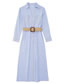 Fashion Blue Polyester Striped Lapel Buckle With A Belt Dress