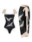 Fashion Blue Leaf Set Polyester Printing Lace -up Swimwear Beach Skirt Suite