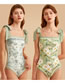 Fashion Green Polyester Double -sided Printed Lace Tie Swimsuit