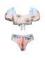 Fashion Biplocked Bikini+skirt Polyester Printed Lace Tie Split Swimsuit Three -piece Set