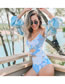 Fashion Blue And White Print Polyester Printed Bubble Bubble Long -sleeved Hollowed Out Swimsuit