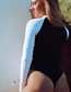 Fashion Black And White Polyester Color Stand -up Collar Zipper Conjoined Swimsuit