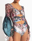 Fashion Ink Blue Print Polyester Printed Bubble Sleeve Hollowed Out Swimsuit