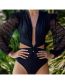 Fashion Black Delosal Lace Mesh Eyes Long Sleeve Hollow Cutouts Connecting Swimsuit