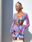 Fashion Purple Polyester Print Knotted V-neck Split Swimsuit Three Piece