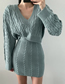 Fashion Blue V-neck Linen Pattern Long-sleeved Sweater + High-waisted Skirt