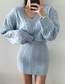 Fashion Blue V-neck Linen Pattern Long-sleeved Sweater + High-waisted Skirt