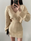 Fashion Apricot V-neck Linen Pattern Long-sleeved Sweater + High-waisted Skirt