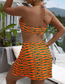 Fashion Orange Picture Color Polyester Print Halter Neck Tie Slit Swimsuit