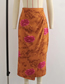Fashion Orange Base Pink Flower Printed Drawstring Skirt