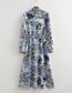 Fashion Blue Flower Geometric Print Lapel Belt Dress
