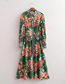 Fashion Orange Flower On Green Background Geometric Print Swing Dress