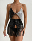 Fashion Black Metal Geometric Sequin Halter Tank Top Cutout Skirt Set