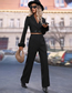 Fashion Black Polyester Solid V-neck Short Suit Jacket Straight Pants Set