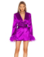 Fashion Purple Satin Feather Cuff Lapel Belted Blazer
