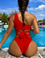 Fashion Red Polyester One-shoulder Cutout Lace-up Swimsuit