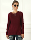 Fashion Claret Blend Corded Long-sleeve Knitted Pullover Sweater