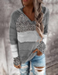 Fashion Zipper Grey Cotton Leopard-panel Striped Hooded Knitted Cardigan