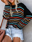 Fashion Light Apricot Colorful Striped Knit T-neck Sweater